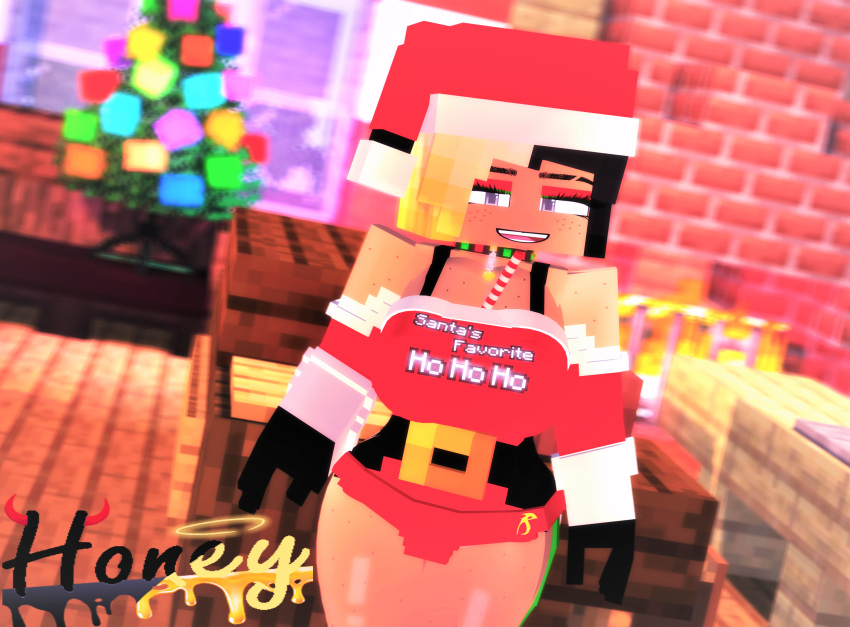 1girls 3d big_ass big_breasts black_and_blonde_hair black_hair blonde_hair candy_cane christmas_hat christmas_lights christmas_tree female female_only fireplace honey_(tah) mine-imator minecraft theactualhoney