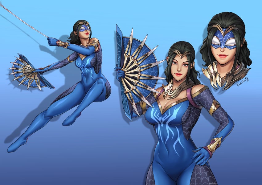 1girls big_breasts black_hair blue_clothing breasts brown_eyes cosplay crossover_cosplay edenian female female_only fully_clothed gold_jewelry jewelry kitana kitana_(new_era) long_hair marvel marvel_comics mask masked masked_female mortal_kombat mortal_kombat_1_(2023) solo solo_female spider-man_(cosplay) thotlerrr treartz