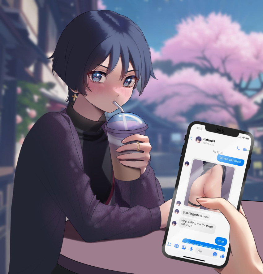 1boy arched_back baobei_beh blush date dialogue femboy genshin_impact girly lumine_(genshin_impact) male_only nude nude_male phone phone_screen phone_text photo scaramouche_(genshin_impact) sexting sipping tagme texting