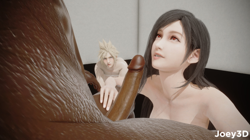 1girls 2boys 3d big_penis biting_lip black_hair cheating cheating_girlfriend cloud_strife cock_worship cuckold dark-skinned_male dark_hair eye_contact eyelashes female final_fantasy final_fantasy_vii final_fantasy_vii_remake honey_select_2 horny_female imminent_oral interracial joey3d_(artist) long_hair long_penis nude oral petite red_eyes seductive_eyes seductive_mouth seductive_smile slim smile square_enix teenager tifa_lockhart