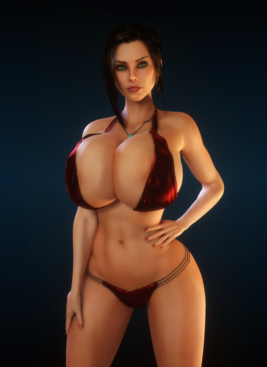 1girls 3d 3d_(artwork) abs alternate_ass_size alternate_breast_size ass bikini black_hair breasts breasts_bigger_than_head breasts_bigger_than_torso cleavage clothed clothed_female elexis_sinclaire female female_only female_solo gigantic_ass gigantic_breasts green_eyes hand_on_hip hand_on_thigh hourglass_figure huge_ass huge_breasts human human_female human_only looking_at_viewer midriff necklace red_bikini sin_(game) skin_tight small_waist solo solo_female thin_waist top_heavy vaako wasp_waist wide_hips