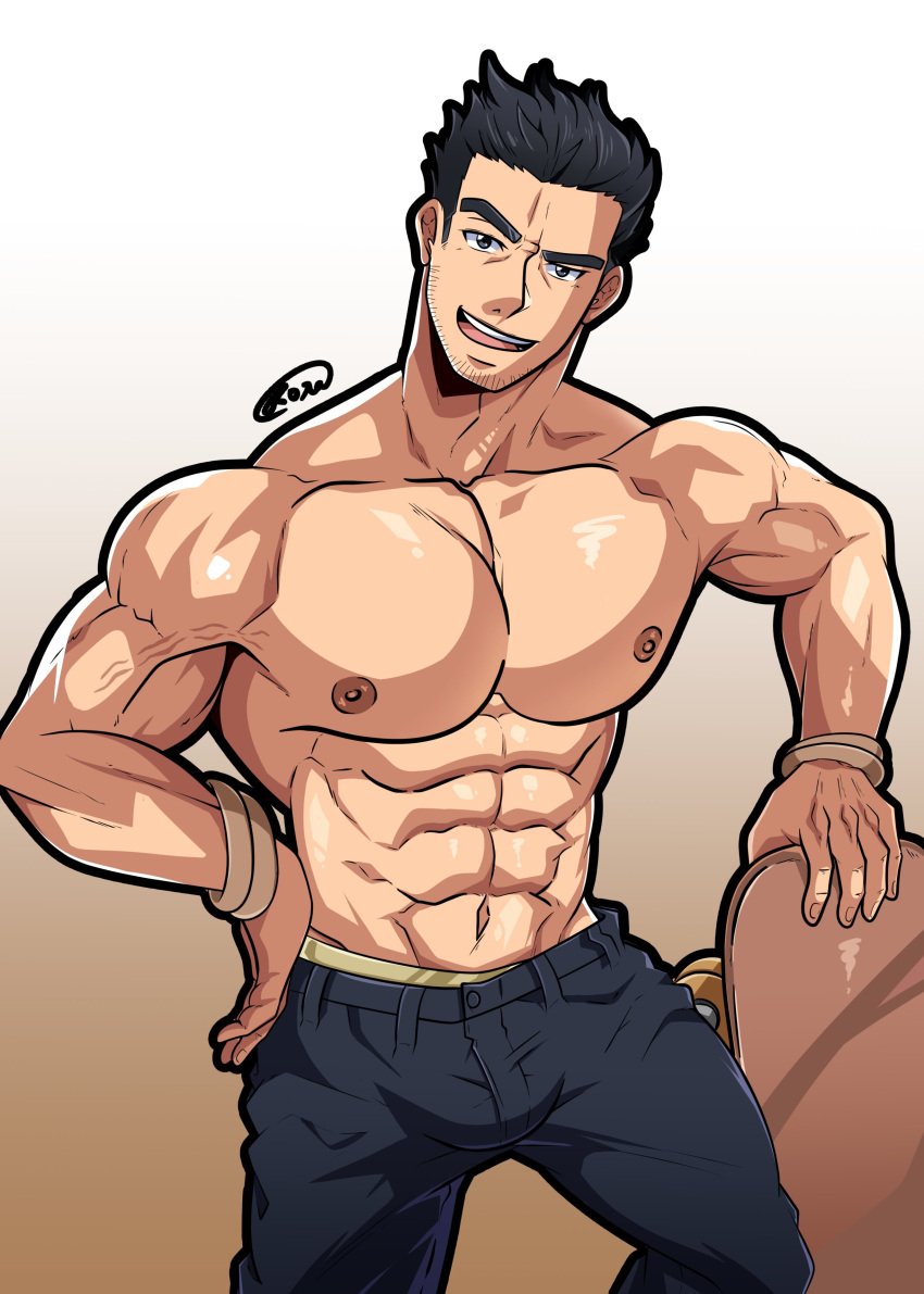 1boy 2023 bara bara_tits barazoku beard_stubble black_hair bulge clothing gay hairy_male koratan looking_at_viewer lucas_lee male male_focus male_nipples male_only manly muscular_male nipples scott_pilgrim solo solo_male