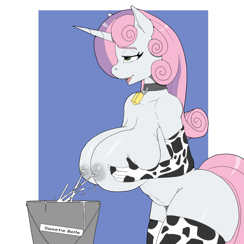 absurd_res animal_print anthro anthrofied bell bell_collar bodily_fluids breast_milking breasts bucket collar container cow_print equid equine female friendship_is_magic hair hasbro hi_res holding_breast horn lactating lactating_into_container lactation large_breasts legwear mammal mostly_nude my_little_pony nipples pink_hair purple_hair self_milking skyearts stockings sweetie_belle_(mlp) thick_thighs thigh_highs unicorn