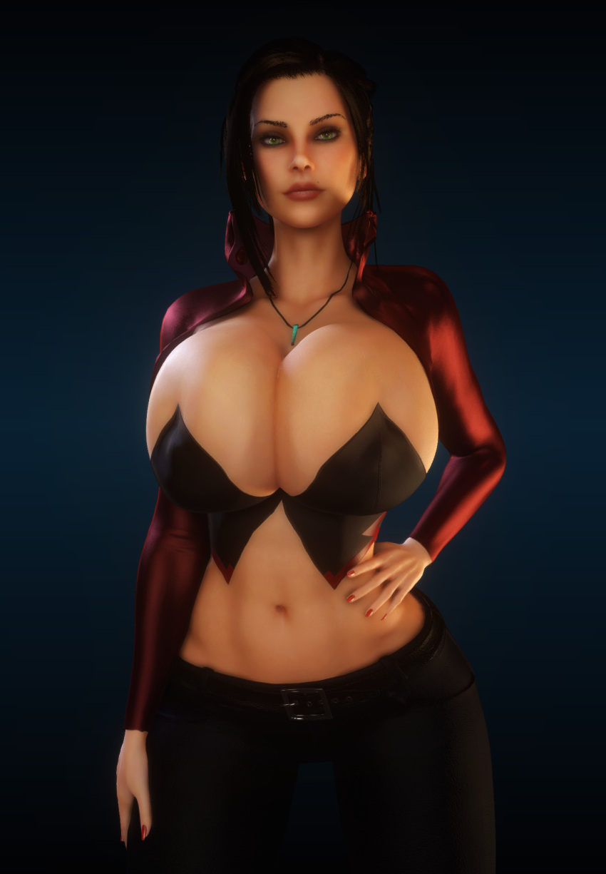 1girls 3d 3d_(artwork) abs alternate_ass_size alternate_breast_size ass belt black_hair breasts breasts_bigger_than_head breasts_bigger_than_torso cleavage clothed clothed_female elexis_sinclaire female female_only female_solo gigantic_ass gigantic_breasts green_eyes hand_on_hip hand_on_thigh hourglass_figure huge_ass huge_breasts human human_female human_only looking_at_viewer midriff necklace pants sin_(game) skin_tight small_waist solo solo_female thin_waist top_heavy vaako wasp_waist wide_hips