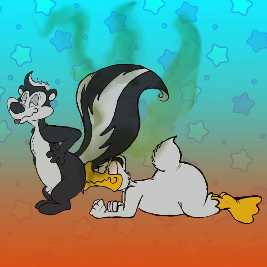 anal anatid anseriform anthro ass avian bird bulge duck duo eye_roll fart fart_fetish farting_in_mouth feathers feet genital_outline genitals hi_res joesanchez licking looking_pleasured looney_tunes lying male male/male mammal mephitid on_front oral penis penis_outline pepe_le_pew raised_leg rimming sex skunk skunk_tail smelly stink_lines tail tongue tongue_out warner_brothers white_body white_feathers