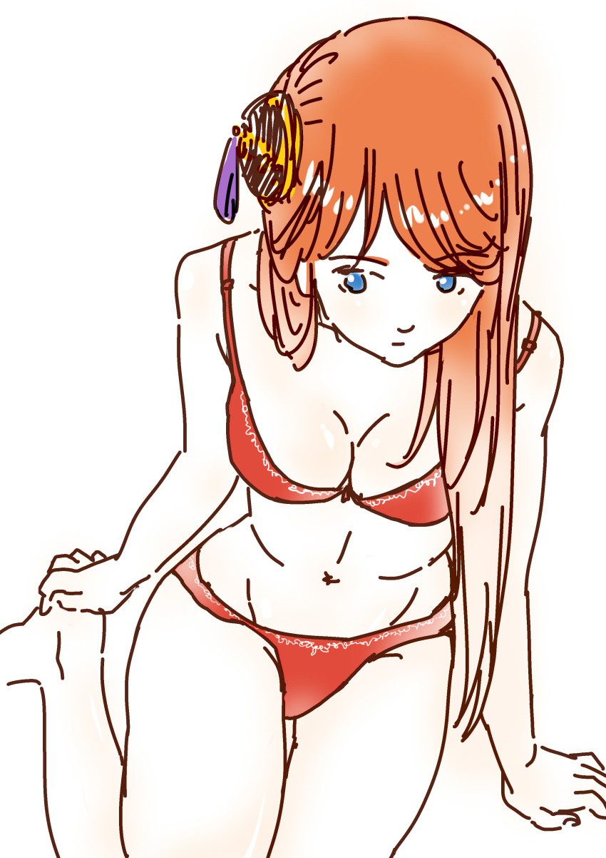 aged_up blue_eyes bra bun_cover cleavage colored_sketch female female_only gintama gintama:_be_forever_yorozuya hair_ornament high-angle_view kagura_(gintama) long_hair oklaomei orange_hair pale-skinned_female pale_skin panties red_bra red_panties sitting solo