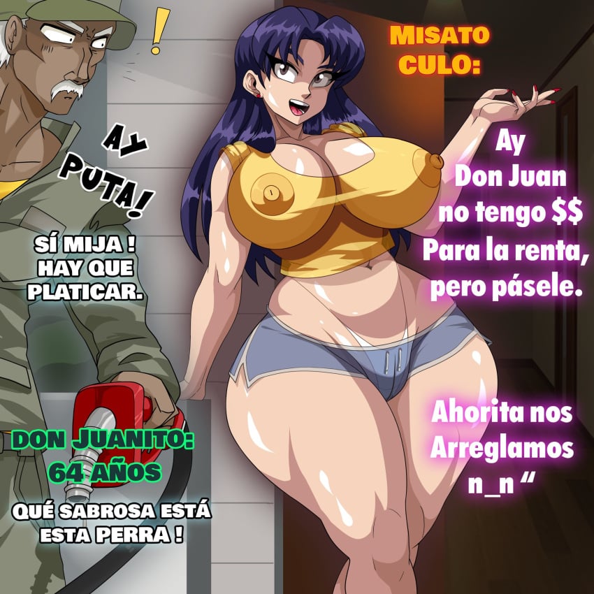 alcione areolae breasts dark-skinned_male dark_skin light-skinned_female light_skin long_hair misato_katsuragi neon_genesis_evangelion nipples older_male purple_hair spanish_text text thighs