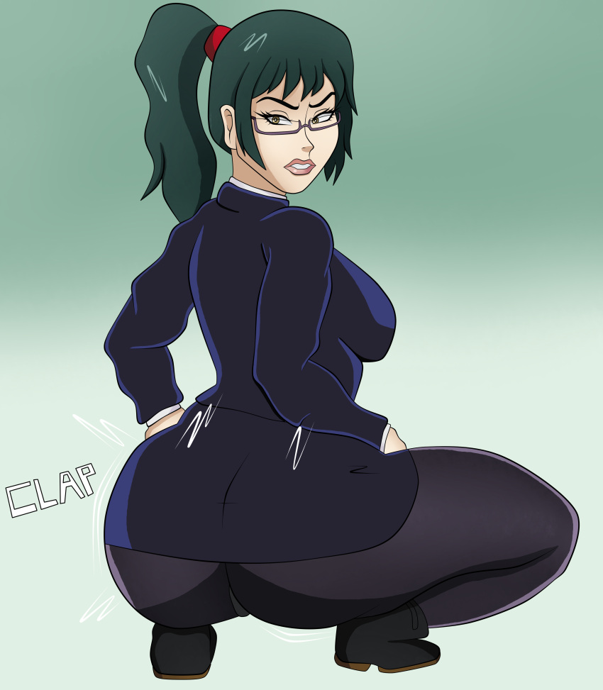 1girls ass ass_shake blueartfiend breasts butt_focus female female_only glasses green_hair jujutsu_kaisen jujutsu_tech_uniform ponytail stockings thighs twerking zenin_maki