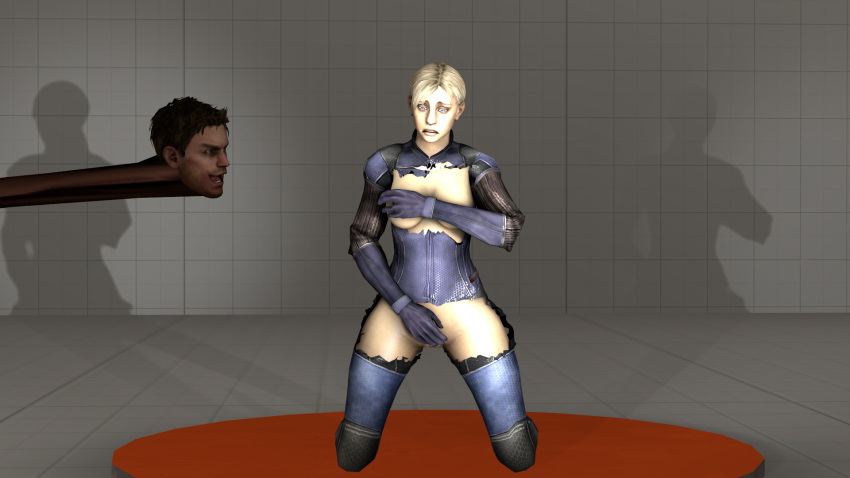 1female 1girls 1male 3d breasts embarrassed_nude_female enf evil_grin female funny image jill_valentine jill_valentine_(blonde) long_neck meta:redfield_lineage pussy resident_evil sfm shocked_expression torn_clothes twistedraven