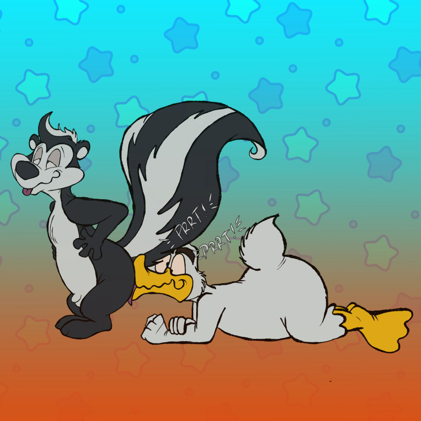 anal anatid anseriform anthro ass avian bird bulge duck duo eye_roll feathers feet genital_outline genitals hi_res joesanchez licking looking_pleasured looney_tunes lying male male/male mammal mephitid on_front oral penis penis_outline pepe_le_pew raised_leg rimming sex skunk skunk_tail tail tongue tongue_out warner_brothers white_body white_feathers