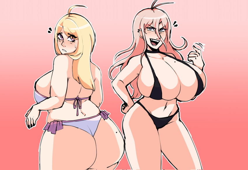 2girls ahoge akamatsu_kaede ass back back_view bare_back bare_thighs beauty_mark beckoning bikini black_nails blonde_hair blue_eyes bluueygooey breasts cleavage come_hither curvy danganronpa female female_only from_behind huge_ass huge_breasts iruma_miu large_breasts long_hair looking_at_viewer looking_back mole mole_on_ass mole_on_breast motion_lines multiple_girls nail_polish open_mouth pink_eyes pink_hair sideboob smile swimsuit thighs voluptuous