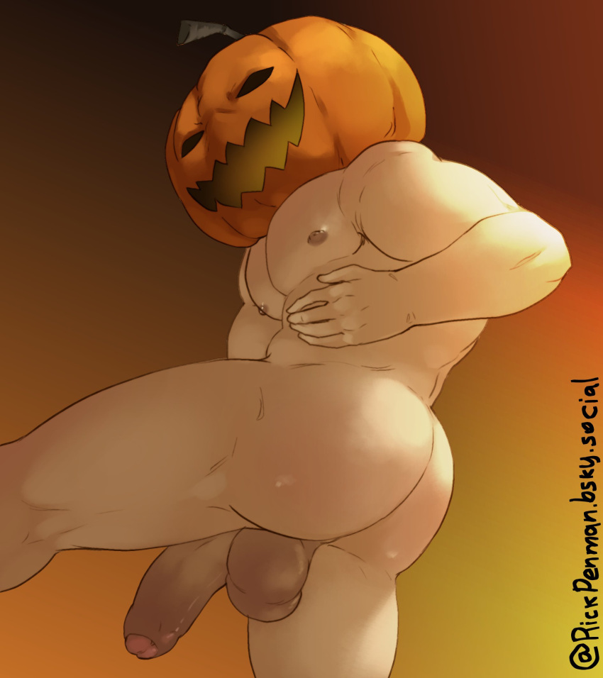 1boy 2023 ass balls bara bara_tits barazoku big_balls big_penis completely_nude flaccid gay halloween holidays jack-o'-lantern jack_o'_lantern looking_at_viewer male male_focus male_nipples male_only manly muscular_male nipples nude penis pumpkin pumpkin_head pumpkin_head_(character) rickpenman solo solo_male yaoi