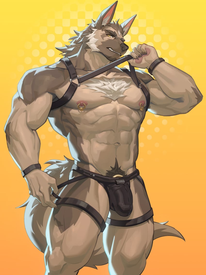 1boy 2023 abs anthro biped bulge canid canine canis digital_drawing_(artwork) digital_media_(artwork) domestic_dog fur furry genitals german_shepherd glans harness herding_dog hi_res male male_only mammal muscular muscular_anthro muscular_male navel obliques pastoral_dog patrick_(drks) penis pierced_nipples pubes simple_background solo solo_male standing tail tuft uiokv yellow_eyes