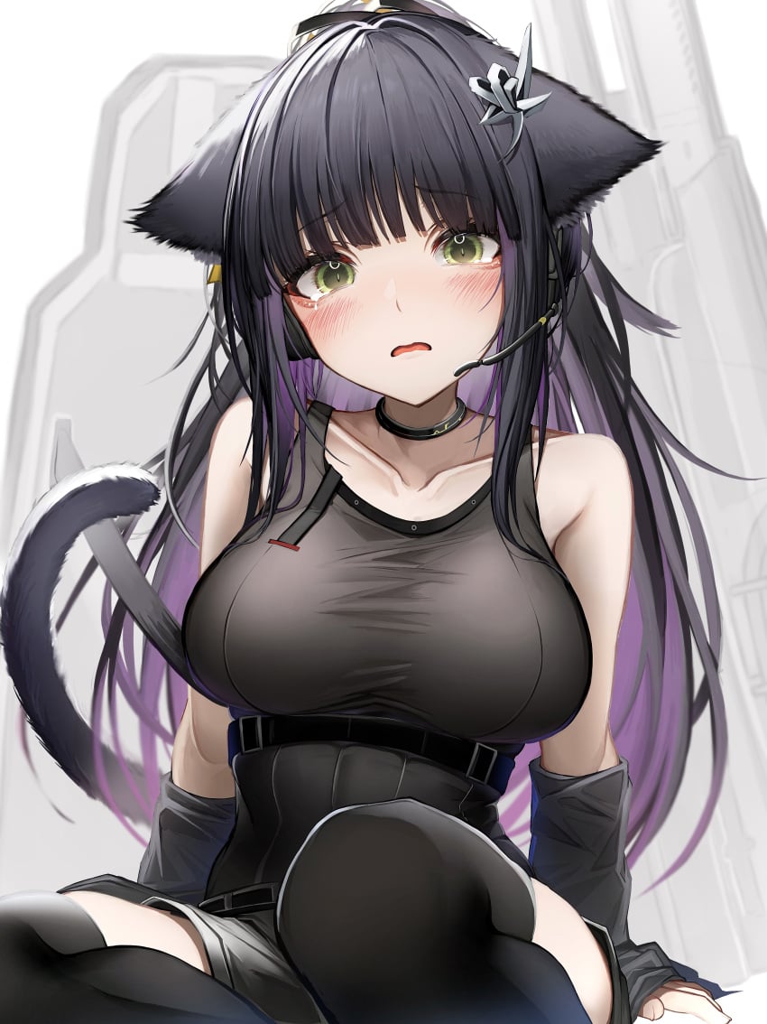 1girls animal_ears animal_tail arknights black_hair blush blush_lines blushing_at_viewer cat_ears cat_tail female female_focus female_only green_eyes hairclip headgear jessica_(arknights) jessica_the_liberated_(arknights) large_breasts long_hair looking_at_viewer shield shorts shy tab_head tagme teary_eyes thighhighs