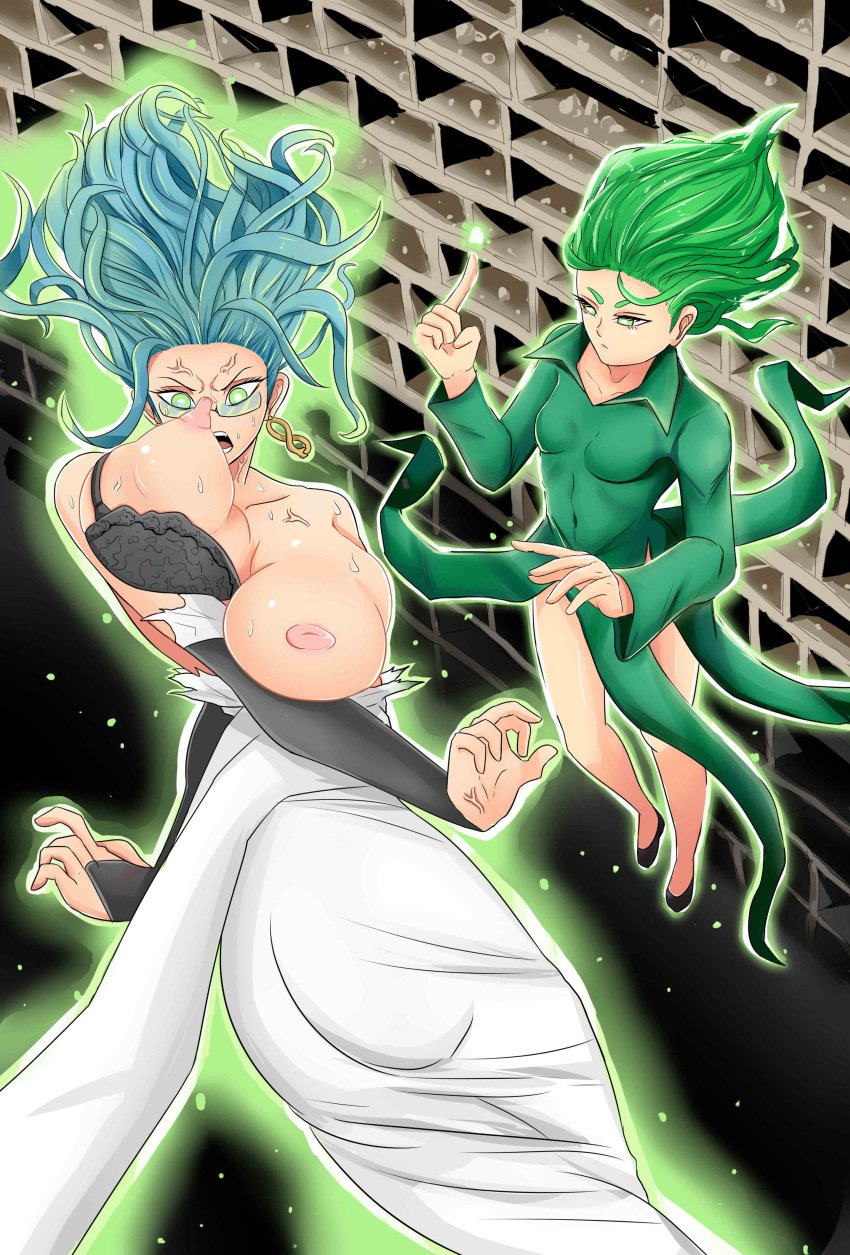 2girls aqua_hair bad_id female female_only green_hair introvert_azula large_breasts multiple_girls nipples one-punch_man piercing psykos tagme tatsumaki