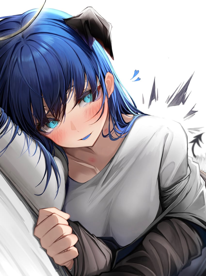 1girls arknights blue_eyes blue_hair blue_tongue blush blush blush_lines female female_focus female_only halo heart horns kiss_mark kiss_marks laying_on_bed laying_on_side looking_at_partner loving_look mostima_(arknights) romantic short_hair smile smiling smiling_at_partner tab_head tagme wings