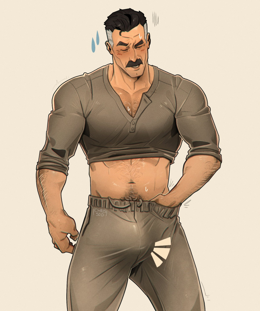 1boy 2023 artist_name bara barazoku big_bulge blush body_hair bulge chris_sdd clothing facial_hair gay hairy_arms hairy_chest hairy_male huge_bulge invincible invincible_(comics) invincible_(tv_series) male male_only male_pubic_hair manly mature_male muscular_male mustache no_visible_genitalia nolan_grayson omni-man penis penis_bulge salt_and_pepper_hair solo tight_clothing