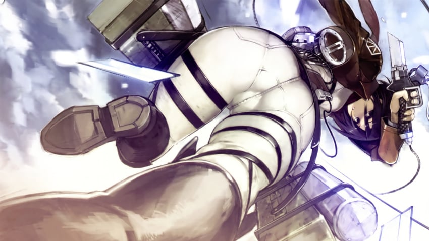 1girls ass attack_on_titan big_ass black_hair boots cameltoe cap dat_ass denim female female_only goes_hard highres jeans looking_back mikasa_ackerman namaniku_atk pantylines scarf skin_tight solo sword tight_jeans tight_pants weapon