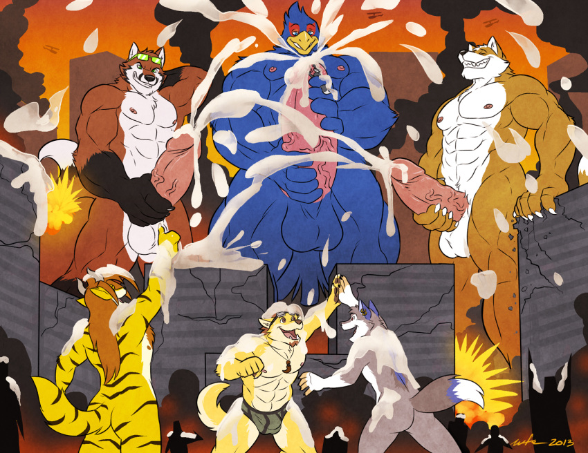 anthro avian blizzardwuffy canine city cum cumshot daxterdingo falco_lombardi felixthefox fox_mccloud fur furry macro male male_only micro multiple_males nintendo orgasm speedo star_fox underwear video_games wfa wolf wolf_o'donnell yaoi