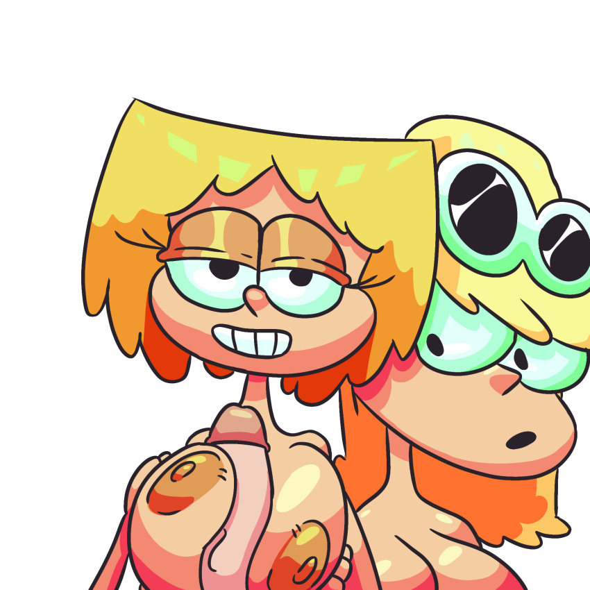 2girls big_breasts big_penis blonde_hair boobjob chszan_chan fellatio leni_loud looking_at_viewer lori_loud the_loud_house transparent_background