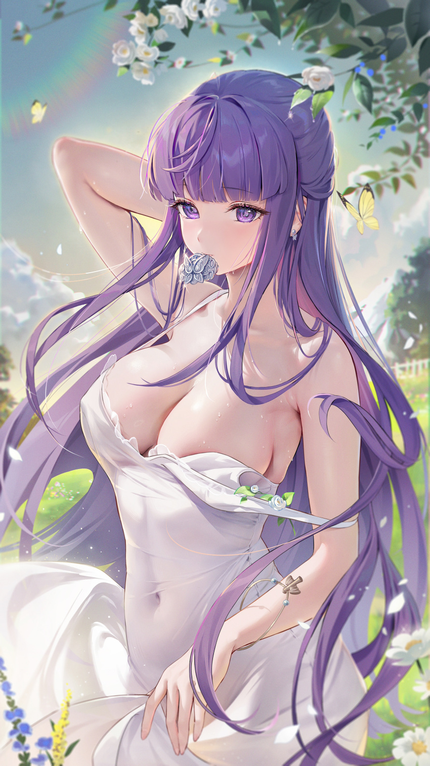 1girls bare_shoulders blunt_bangs breasts cleavage covered_navel dress female female_only fern_(sousou_no_frieren) houkisei large_breasts long_hair looking_at_viewer mouth_hold purple_eyes purple_hair solo sousou_no_frieren white_dress