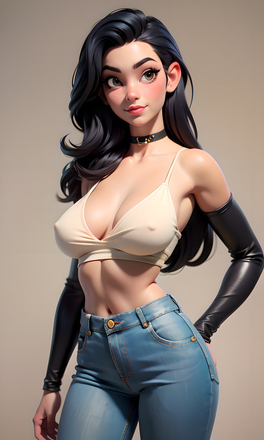 8xi9 ai_generated big_ass big_breasts big_butt black_hair choker cowboy_pants female female_only half-dressed stable_diffusion tight_clothes tight_clothing tight_pants