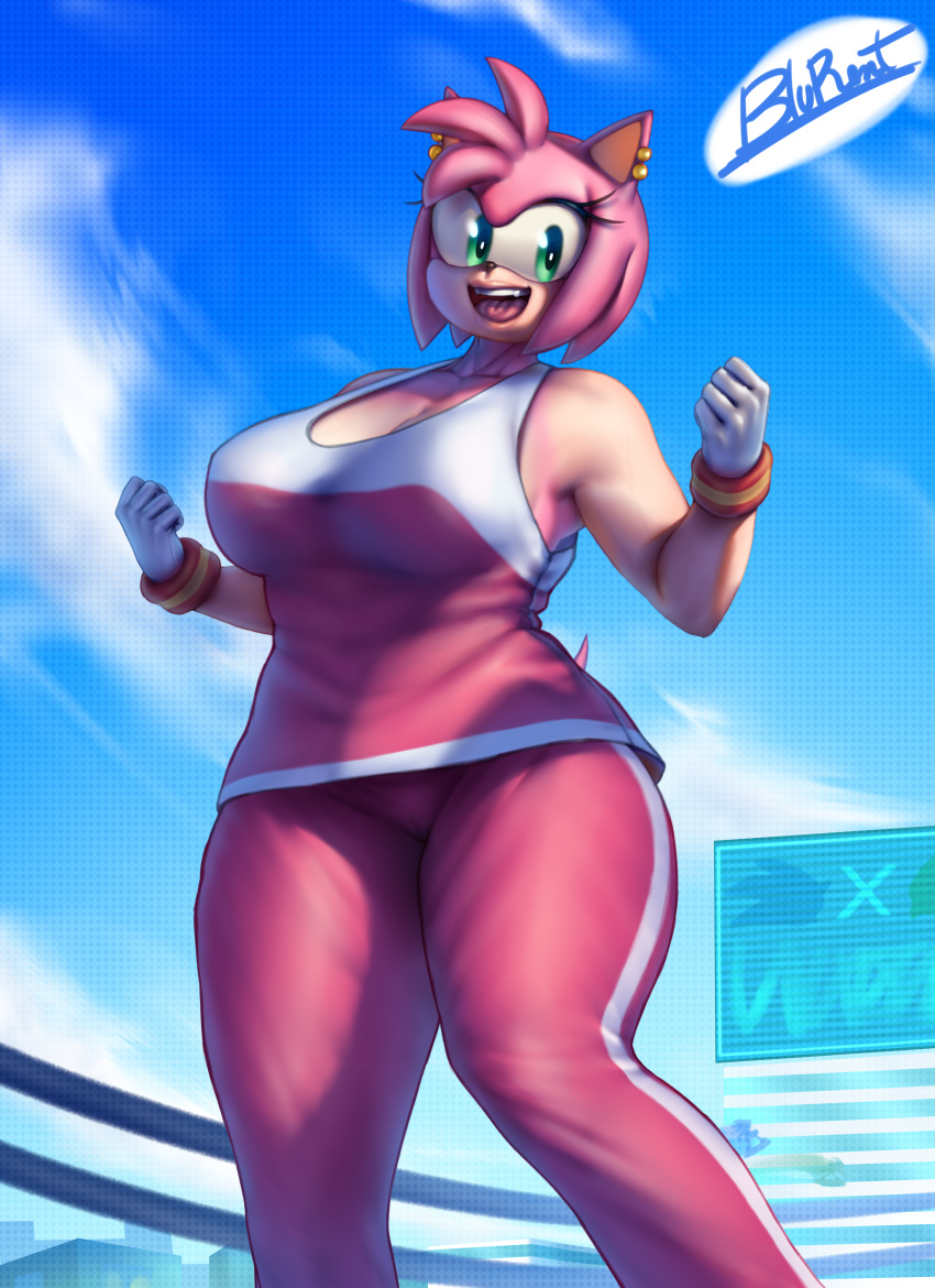 2023 absurd_res amy_rose anthro artist_name blu_rent clothed clothing cloud digital_media_(artwork) eulipotyphlan eyelashes female fingers hedgehog hi_res mammal open_mouth outside sega solo sonic_(series) sonic_the_hedgehog_(series) teeth thick_thighs thighs track_pants