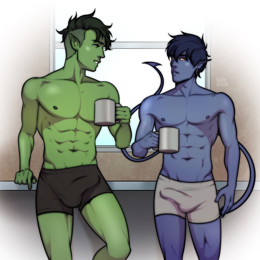 2boys abs beast_boy boner briefs bulge bulge_through_clothing chest coffee coffee_mug dc dc_comics erection haledrum kurt_wagner male_nipples male_only marvel marvel_comics morning morning_wood nightcrawler pecs queer superhero thighs thin_waist underwear x-men