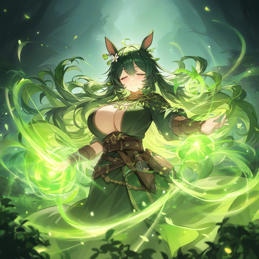 1girls ai_generated aigbrea closed_eyes fantasy female female_only fully_clothed green_hair hair_ornament large_breasts long_hair magic monera nature