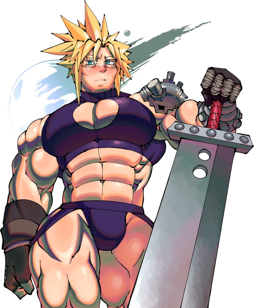 backupcardd bara big_pecs big_sword blonde_hair blush bulge capsulecomputrz cloud_strife final_fantasy final_fantasy_vii male male_only muscles muscular solo solo_male sword vibriicapsule2