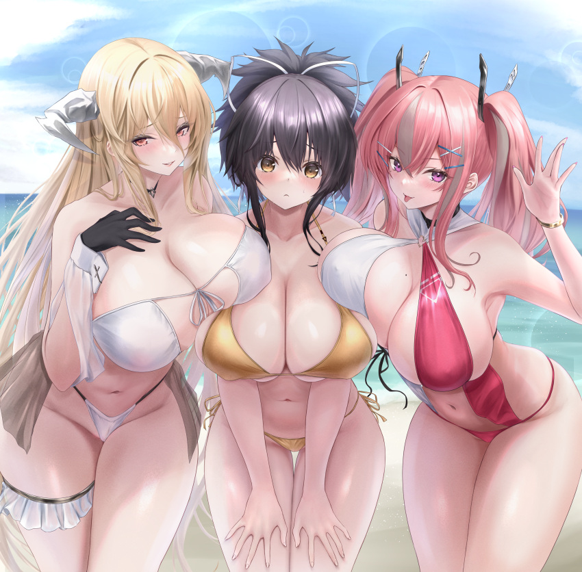 2023 3girls asuka_(senran_kagura) azur_lane bikini black_hair blonde_hair breasts bremerton_(azur_lane) implacable_(azur_lane) marvelous multiple_girls noa_(skae3323) pink_hair senran_kagura swimsuit tagme