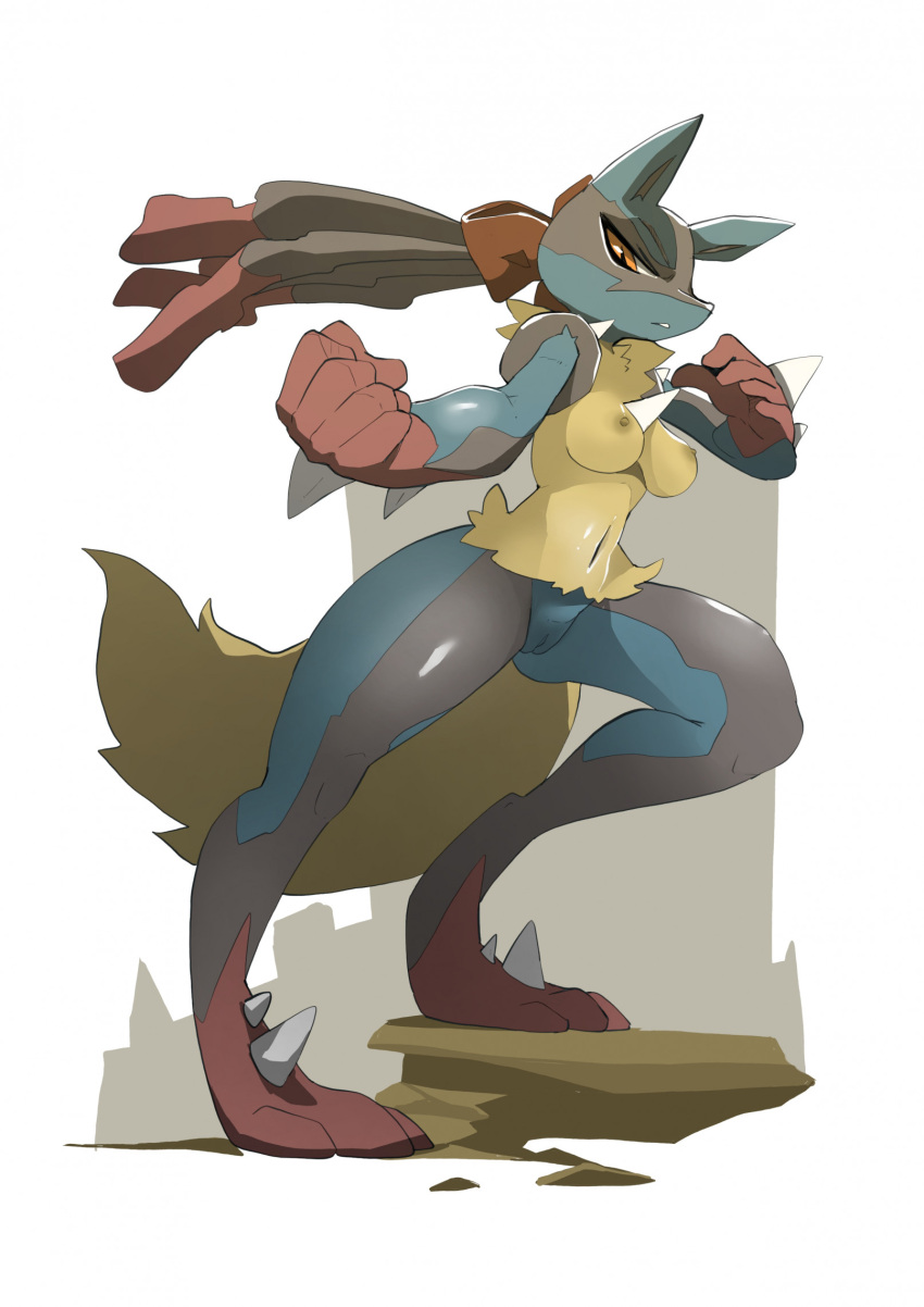 anthro areola biped black_body blue_body breasts canid canine cervikalova female female_lucario fur genitals hi_res lucario mammal mega_evolution mega_lucario nintendo nipples pokemon pokemon_(species) pussy red_body simple_background solo tan_body tan_fur white_background