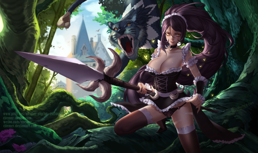 1girls big_breasts black_hair black_hair_female boob_window citemer cougar dark-skinned_female dark_skin female female_only forehead_gem forehead_jewel forest forest_background french_maid french_maid_nidalee gem_on_forehead hi_res high_heels high_res high_resolution highres jewel_on_forehead large_breasts league_of_legends maid maid_headdress maid_outfit maid_stockings maid_uniform nidalee panties ponytail ponytail_female riot_games skimpy skimpy_clothes skimpy_costume skimpy_dress skimpy_outfit smile solo solo_female solo_focus spear stockings the_grind_series tribal_markings tribal_tattoo tribal_tattooos underwear yellow_eyes yellow_eyes_female