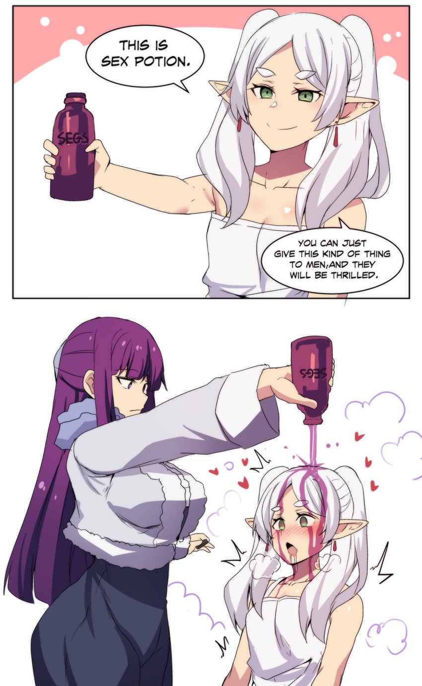 2girls ahe_gao ahegao aphrodisiac english_text female female_only fern_(sousou_no_frieren) frieren hinghoi multiple_girls potion princesshinghoi purple_eyes purple_hair sousou_no_frieren text too_horny