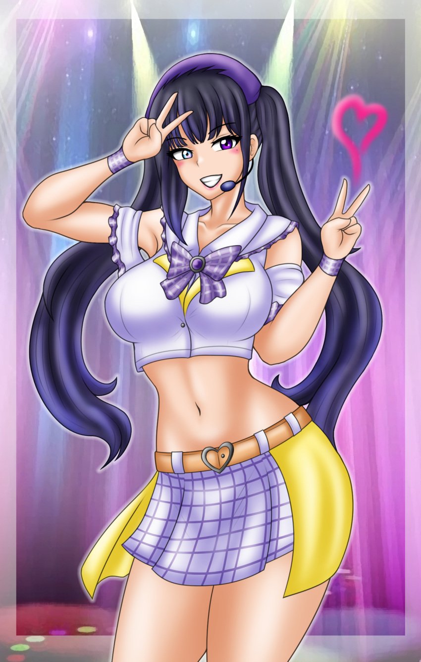 1girls big_breasts black_hair breasts crop_top double_v heterochromia idol kanisuka_rita ohsama_sentai_king-ohger skirt super_sentai treezero v