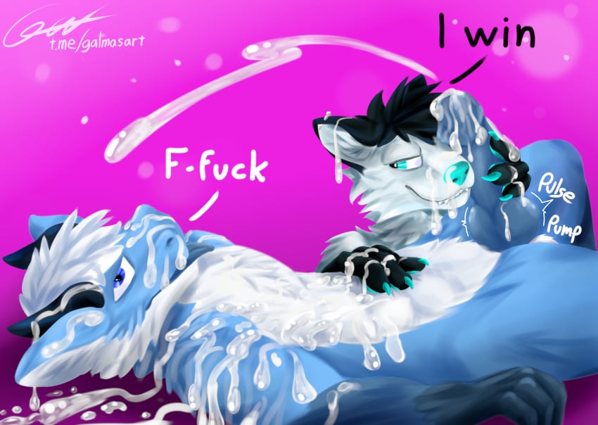 abs absurd_res anthro aroused balls belly belly_rub big_balls big_penis black_body black_fur blue_body blue_fur bodily_fluids canid canine claws comic cum cum_drip cum_everywhere cum_on_face cum_on_ground cum_on_hand cum_on_penis cum_on_self cumshot dialogue dragon dripping duo ear_piercing ejaculation erection excessive_cum excessive_genital_fluids fox fur furred_dragon galma genital_fluids genitals glistening glistening_genitalia glistening_penis grin hi_res holding_object holding_penis horn humanoid_genitalia humanoid_penis hybrid_genitalia hybrid_penis knot knotted_humanoid_penis looking_at_another looking_at_genitalia looking_at_penis lying male male/male mammal meme messy muscular muscular_anthro muscular_male no_nut_november penis penis_grab petting piercing signature simple_background smile text tongue tongue_out url white_body white_fur