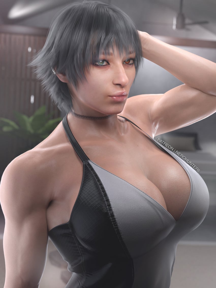 1girls 3d absurdres big_breasts black_hair black_nail_polish black_nails bra breasts capcom devil_may_cry devil_may_cry_5 female female_only fit fit_female heterochromia highres image lady_(devil_may_cry) muscular_female nail_polish nerohunter6 realistic short_hair solo solo_female thick_thighs toned toned_female