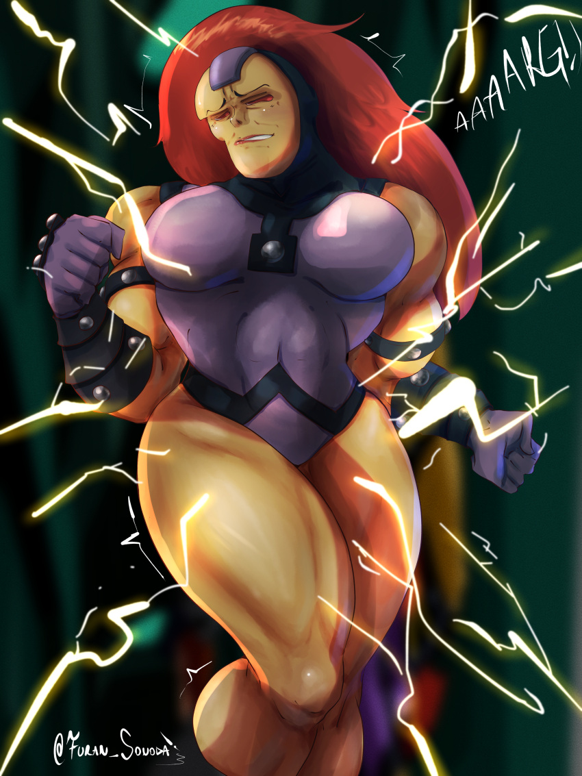 alien character_request dc dc_comics electrocution furan_sonoda mongal_(dc) muscular muscular_female no_sclera pain red_eyes red_hair shocked small_eyebrows