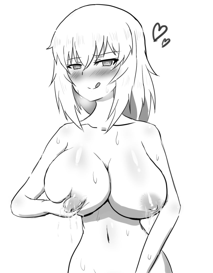 blush breast_squeeze breasts cleavage cube_(huidama) female girls_und_panzer huge_breasts itsumi_erika lactation looking_at_viewer monochrome nipples nude solo sweat tongue_out