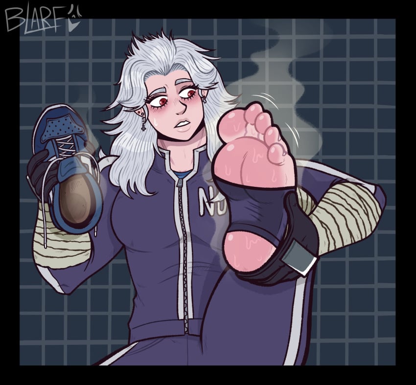 blarf022 blush dorohedoro foot_fetish foot_focus footprint_in_shoe holding_foot musk musky_feet noi_(dorohedoro) shoes_removed smell smelly smelly_feet sneakers stink_fumes stirrup_legwear white_hair