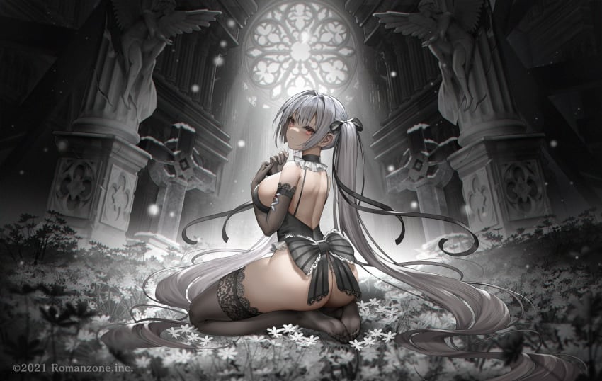 big_breasts crouching crouching_female d._(ddot2018) feet grey_hair long_sleeves orange_hair sideboob stockings thick thick_ass thick_thighs underwear white_hair