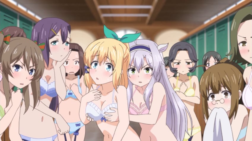 10s 6+girls blonde_hair blue_eyes blush bra breast_envy grabbing grabbing_from_behind groping groping_breasts multiple_girls panties purple_hair ribbon rokudenashi_majutsu_koushi_to_akashic_record rumia_tingel sistine_fibel smile subtitle tears teresa_laddy underwear wendy_nablesse yellow_bra yellow_panties yuri