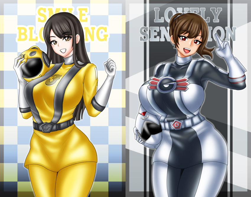 2girls amber_eyes big_breasts black_hair bodysuit brown_eyes brown_hair engine_sentai_go-onger holding_helmet pin_up rouyama_saki super_sentai sutou_miu treezero