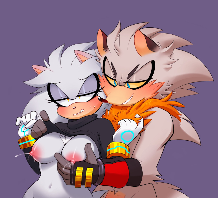 anthro biting_lip biting_own_lip blue_eyes blush breast_grab chest_tuft ears furry gloves grabbing_breasts grabbing_from_behind groping groping_breasts hedgehog lactating lactation lifting_clothing mink questionable_consent silver_the_hedgehog silveroppai simple_background tagme venice_the_mink yellow_eyes yellow_sclera