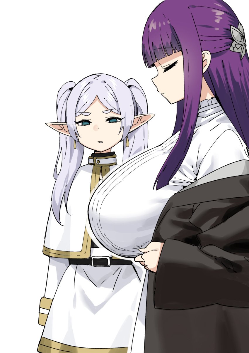 breast_envy closed_eyes female female_only fern_(sousou_no_frieren) frieren girl_staring_at_guy's_chest huge_breasts massive_breasts meme pointy_ears purple_hair sky_(freedom) sousou_no_frieren yuri