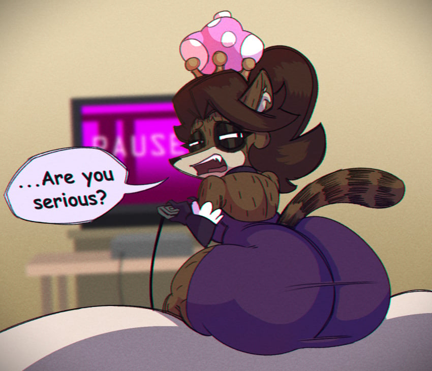 1girls anthro ass ass_in_dress big_ass brown_hair bubble_butt clothing crown dialogue dress fat_ass female female_only game_controller garbageboxxxed huge_ass large_ass looking_back mario_(series) new_super_mario_bros._u_deluxe raccoon regular_show rigbette_(benson_dancing) rigby_(regular_show) rule_63 sitting solo super_crown talking_to_viewer text thick_ass thick_thighs wide_hips