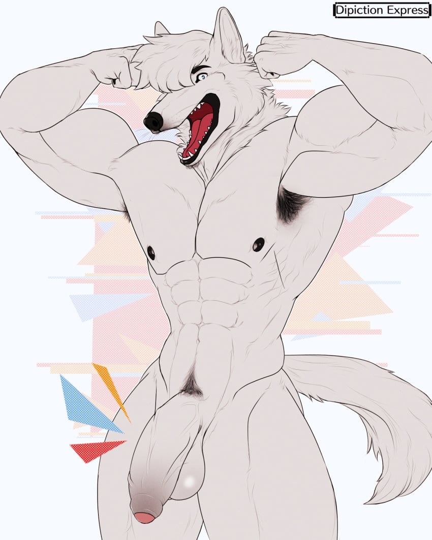 80's_theme abs anthro armpit_hair athletic athletic_anthro athletic_male balls big_balls black_gums black_nipples black_pawpads blue_eyes body_hair canid canine canis depictionexpress facial_hair flaccid flexing flexing_bicep flexing_both_biceps foreskin fur genitals glans hair hair_over_eye happy_expression hi_res humanoid_genitalia humanoid_penis male mammal markings muscular muscular_anthro muscular_male nipples nude nude_anthro nude_male one_eye_obstructed pattern_background pawpads penis pink_glans pubes simple_background smile smiling_at_viewer solo solo_focus thick_penis vein veiny_penis whisker_markings whiskers white_body white_fur wolf