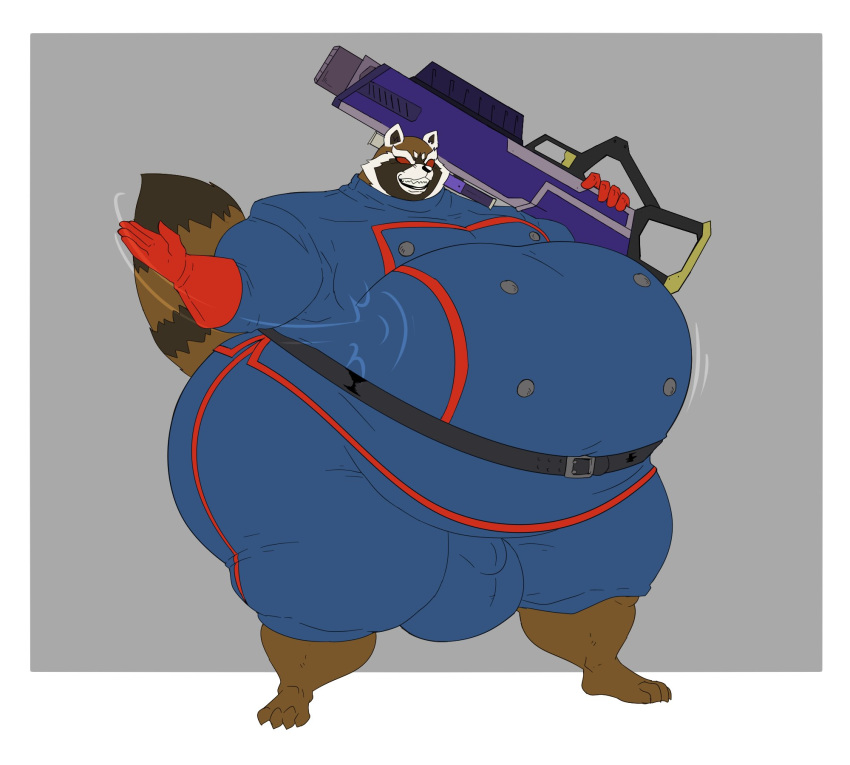 2023 4_toes 5_fingers a-side anthro barefoot belly belly_slap belt belt_buckle big_belly big_bulge bulge claws clenched_teeth clothed clothing collaboration fangs fat feet fingers fur gloves guardians_of_the_galaxy gun handgun handwear hi_res holding_object holding_weapon male mammal marvel morbidly_obese morbidly_obese_anthro morbidly_obese_male obese obese_anthro obese_male overweight overweight_anthro overweight_male pistol pouch_(clothing) procyonid raccoon raised_tail ranged_weapon red_eyes riercat rocket_raccoon slap slapping_own_belly slapping_self solo standing stretched_belt tail teeth thick_thighs toe_claws toes uniform weapon wide_hips