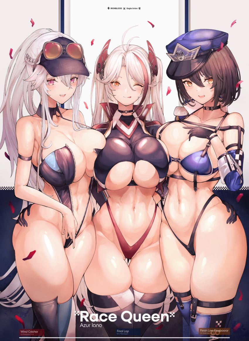 3girls ;p arm_strap azur_lane baltimore_(azur_lane) baltimore_(finish_line_flagbearer)_(azur_lane) black_leotard black_panties blue_headwear breasts brown_hair copyright_name enterprise_(azur_lane) enterprise_(wind_catcher)_(azur_lane) hair_between_eyes hat highleg highleg_panties highres large_breasts leotard linea_alba long_hair looking_at_viewer multicolored_hair multiple_girls navel official_alternate_costume one_eye_closed open_mouth panties petals prinz_eugen_(azur_lane) prinz_eugen_(final_lap)_(azur_lane) race_queen red_hair red_panties sidelocks skindentation smile streaked_hair thick_thighs thighhighs thighs thong tongue tongue_out two-tone_hair two-tone_headwear underwear white_hair yellow_eyes yusha_(m-gata)