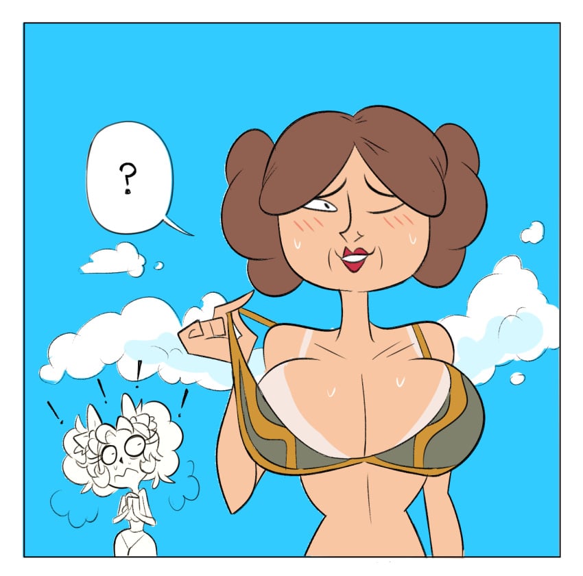 2girls big_breasts bikini blush brown_hair female female_only herny huge_breasts large_breasts leia_sodo les_kassos lipstick multiple_girls one_eye_closed princess_leia_organa sandy_(les_kassos) slave_bikini slave_leia_(cosplay) star_wars sweat tanline